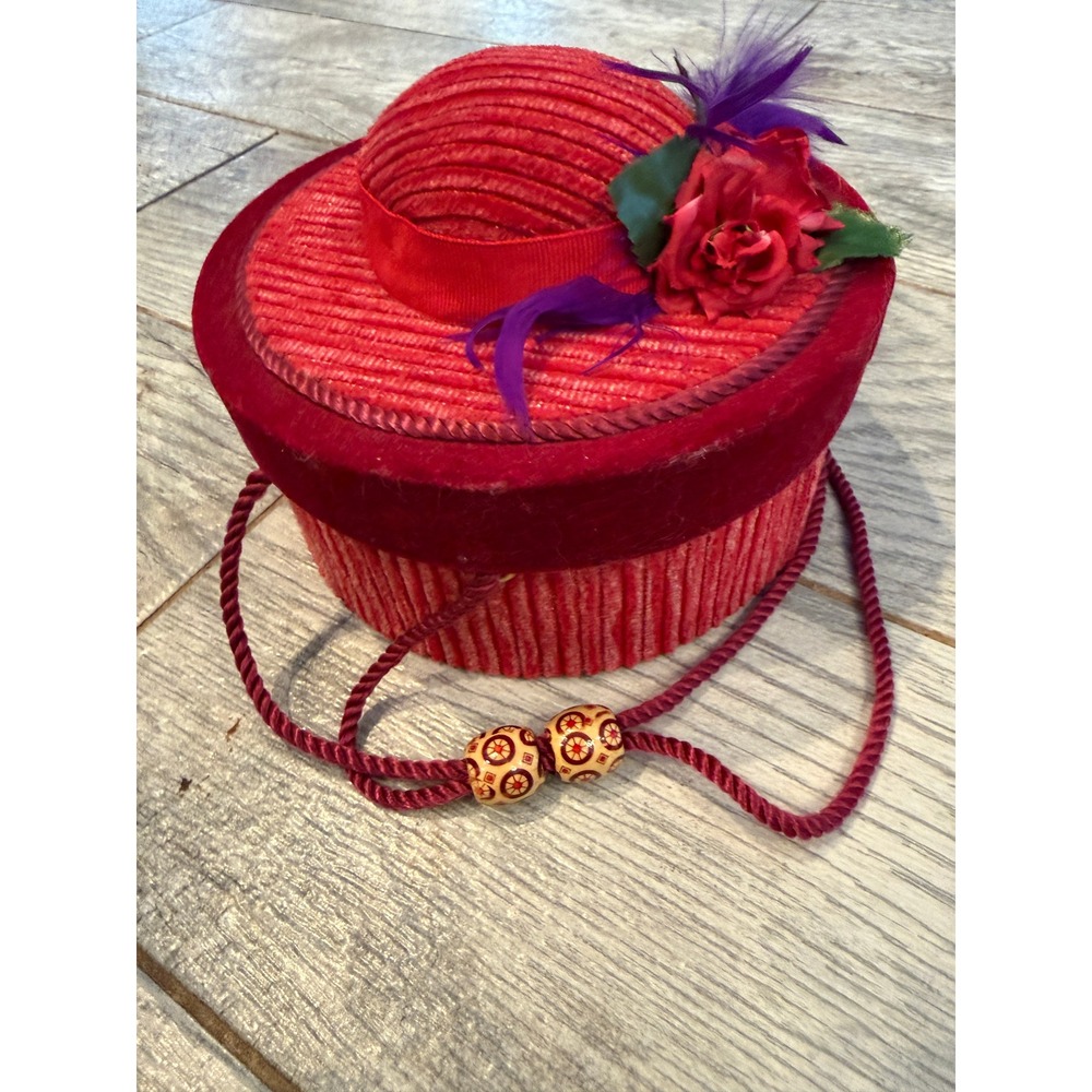 Red Hat Society Trinket Box Rose Feather Jewelry Case Vintage Velvet Corduroy